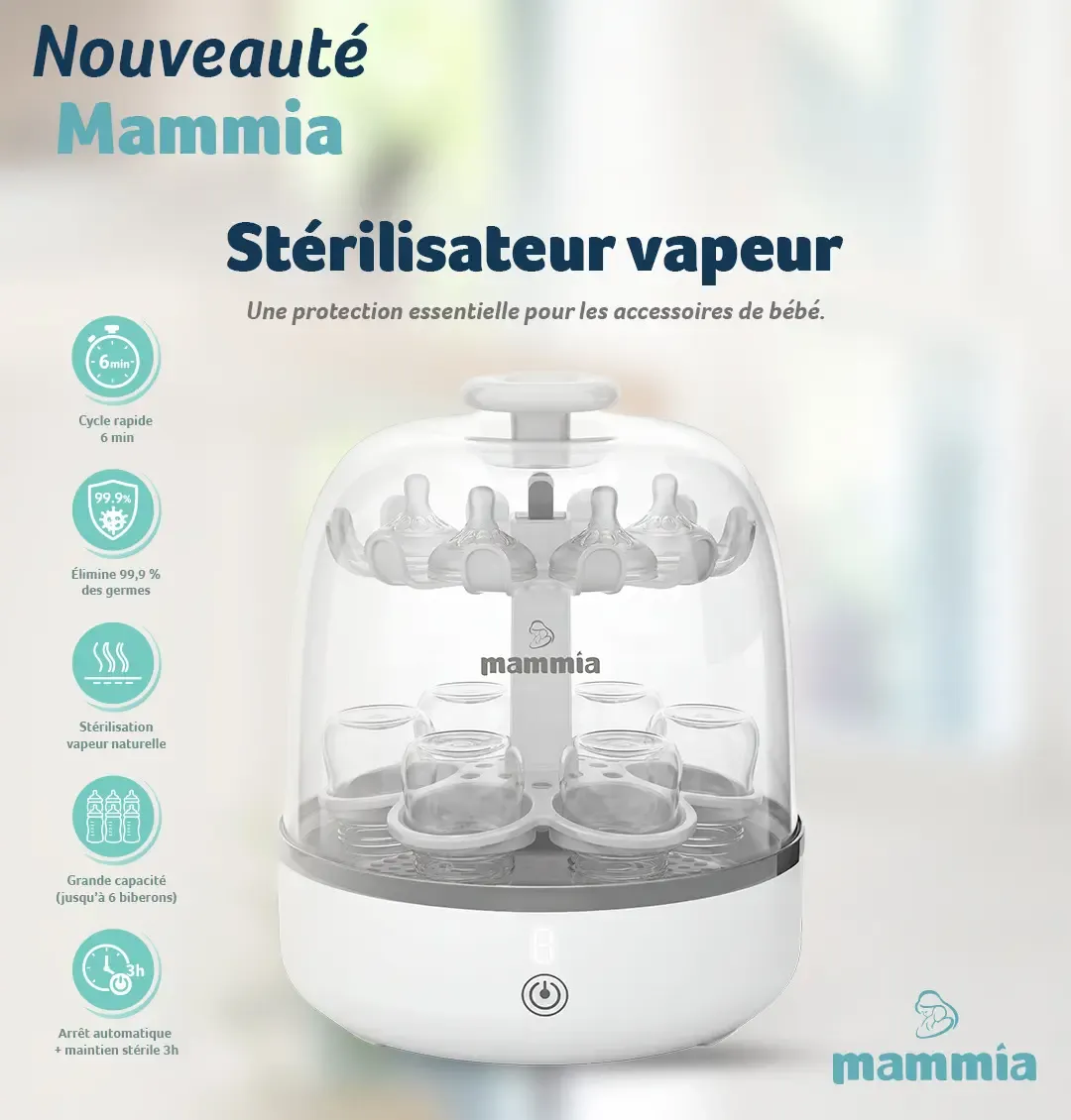 Stérilisateur de Biberons Mammia – Vapeur Électrique, Grande Capacité, Arrêt Automatique, Sans BPA