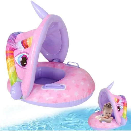 Bouée Parasol, Anneau de Natation Amovible UPF 50+,Bébé Siège de Piscine Enfant Anneau de Natation Enfant de 1 à 4 an Rose