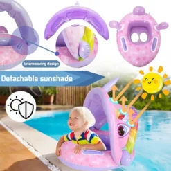 Bouée Bébé avec Parasol,Anneau de Natation Amovible UPF 50+,Bébé Siège de Piscine Enfant Anneau de Natation Enfant de 1 à 4 an Rose