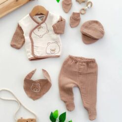 Pack naissance 5 pcs en lin - Motif mini ourson