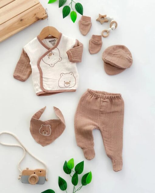Pack naissance 5 pcs en lin - Motif mini ourson