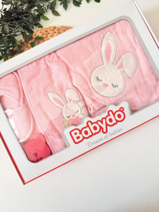 Sortie de Bain Bébé 5 Pièces avec Peignoir à Capuche Rose Motif Lapin + Accessoires – Babydo