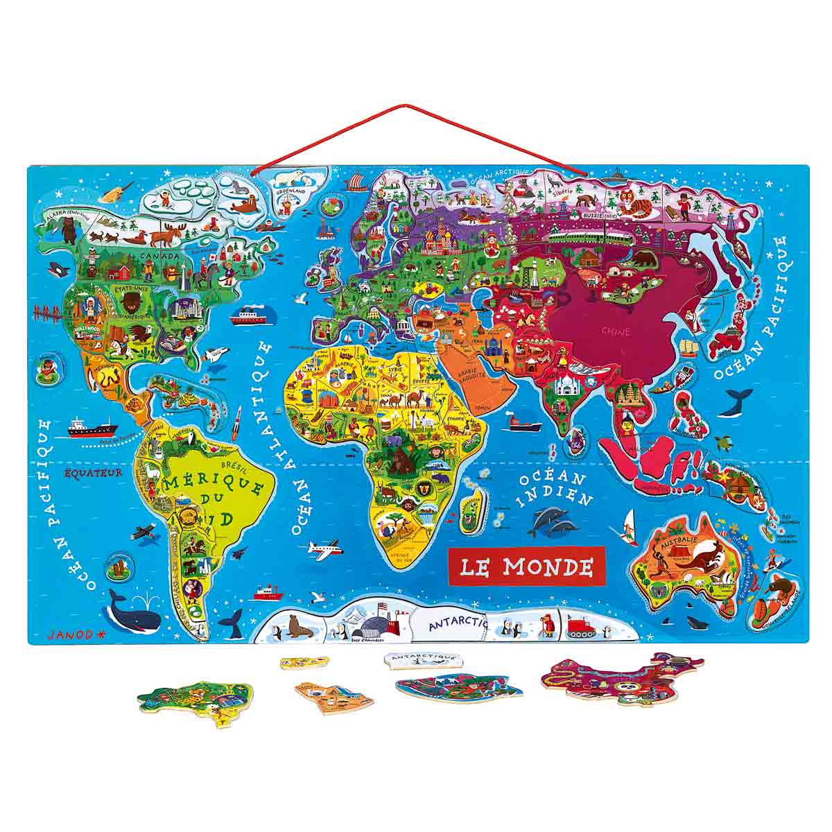 Janod - Puzzle Carte du Monde Magnétique en Bois - 92 Pièces