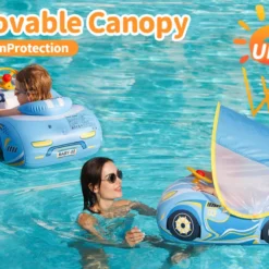 Bouée gonflable bébé Swimbobo – voiture de sport bleue avec auvent UPF50+. Volant avec klaxon