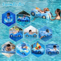 Bouée gonflable bébé Swimbobo – voiture de sport bleue avec auvent UPF50+. Volant avec klaxon