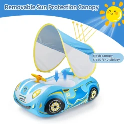 Bouée gonflable bébé Swimbobo – voiture de sport bleue avec auvent UPF50+. Volant avec klaxon parasol