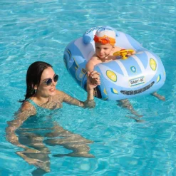 Bouée gonflable bébé Swimbobo – voiture de sport bleue avec auvent UPF50+. Volant avec klaxon