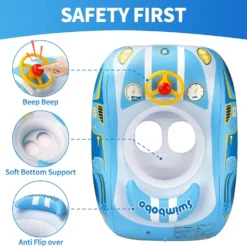 Bouée gonflable bébé Swimbobo – voiture de sport bleue avec auvent UPF50+. Volant avec klaxon