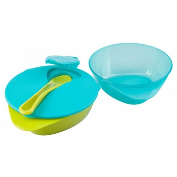 2 bols avec couvercle anti-gouttes et une cuillère de marque tomme tippee