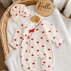 Ensemble Grenouillère et Bonnet Bébé Motif Cœur – 100% Coton Léger