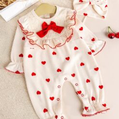 Ensemble Grenouillère et Bonnet Bébé Motif Cœur – 100% Coton Léger