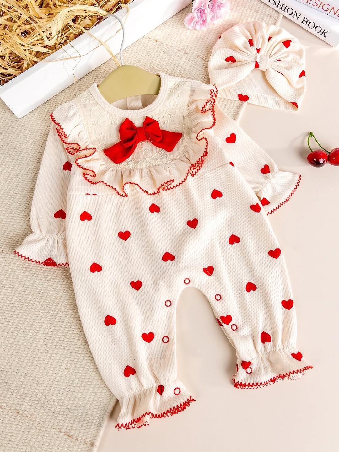 Ensemble Grenouillère et Bonnet Bébé Motif Cœur – 100% Coton Léger