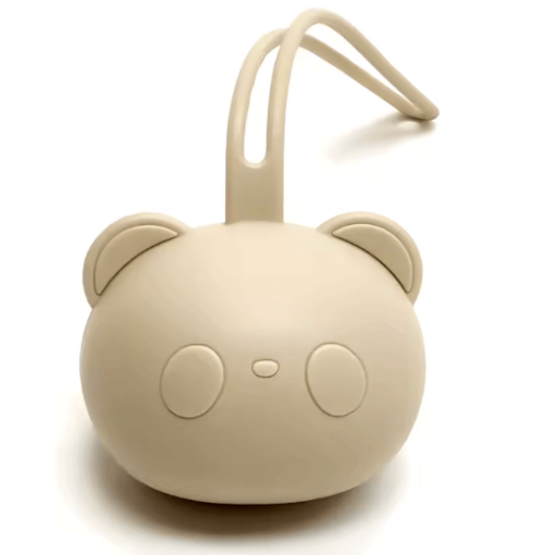 Boîte tétine silicone souple naturel avec tête d’ourson & lanière intégrée