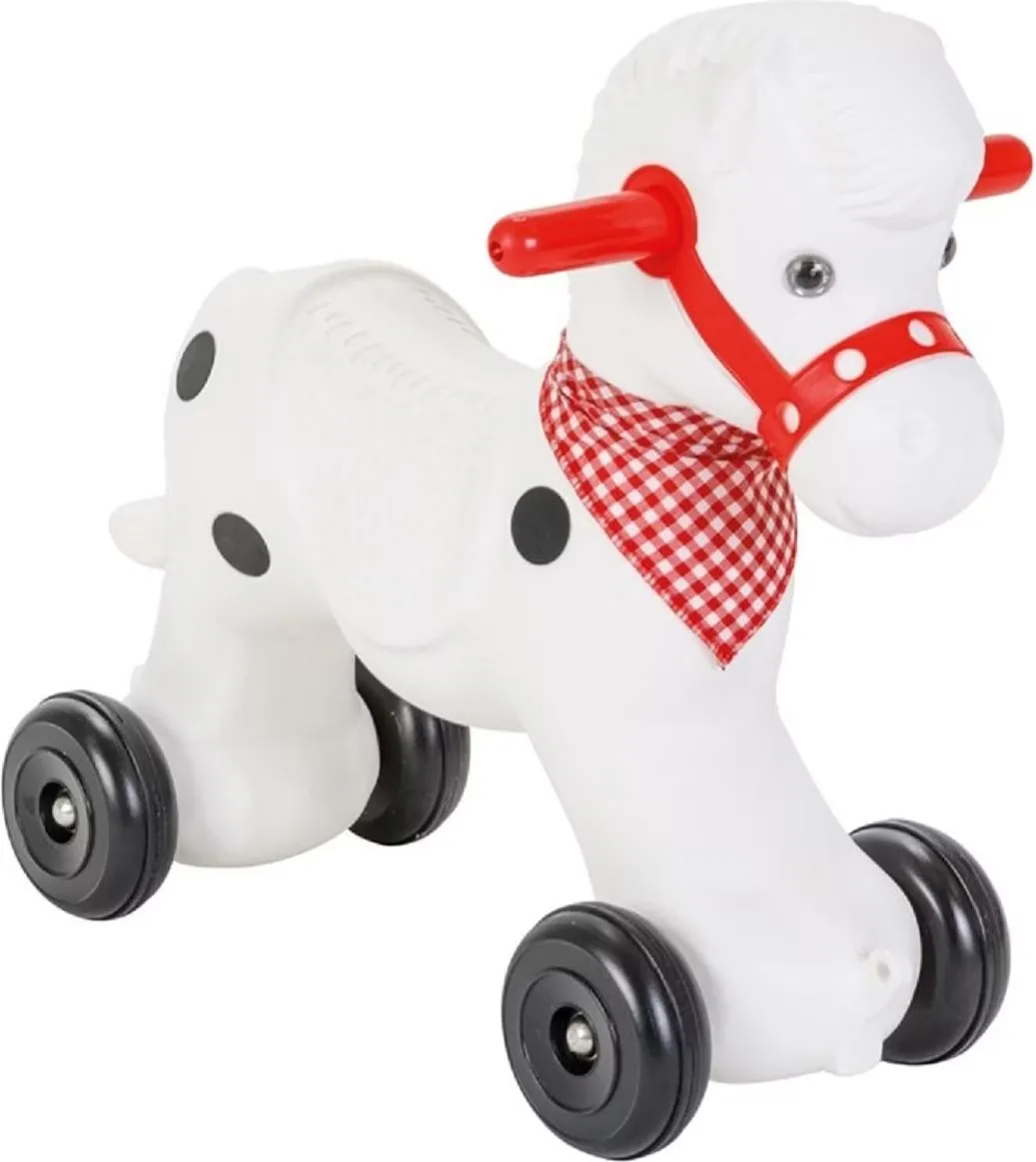 Cheval porteur Pilsan Pony Horse blanc roulettes mode trotteur bandana vichy rouge
