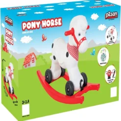 Cheval porteur Pilsan Pony Horse blanc roulettes mode trotteur bandana vichy rouge