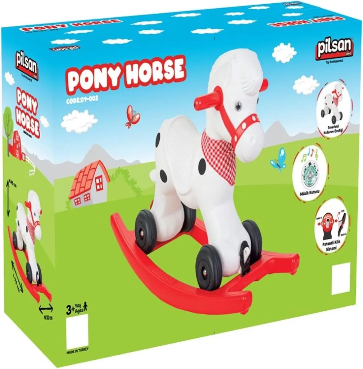 Cheval porteur Pilsan Pony Horse blanc roulettes mode trotteur bandana vichy rouge