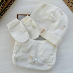 Pack bonnet moufles bavoir ourson – Caramell baby