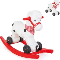 Cheval porteur Pilsan Pony Horse blanc roulettes mode trotteur bandana vichy rouge