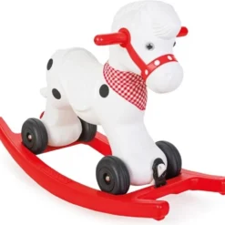 Cheval porteur Pilsan Pony Horse blanc roulettes mode trotteur bandana vichy rouge