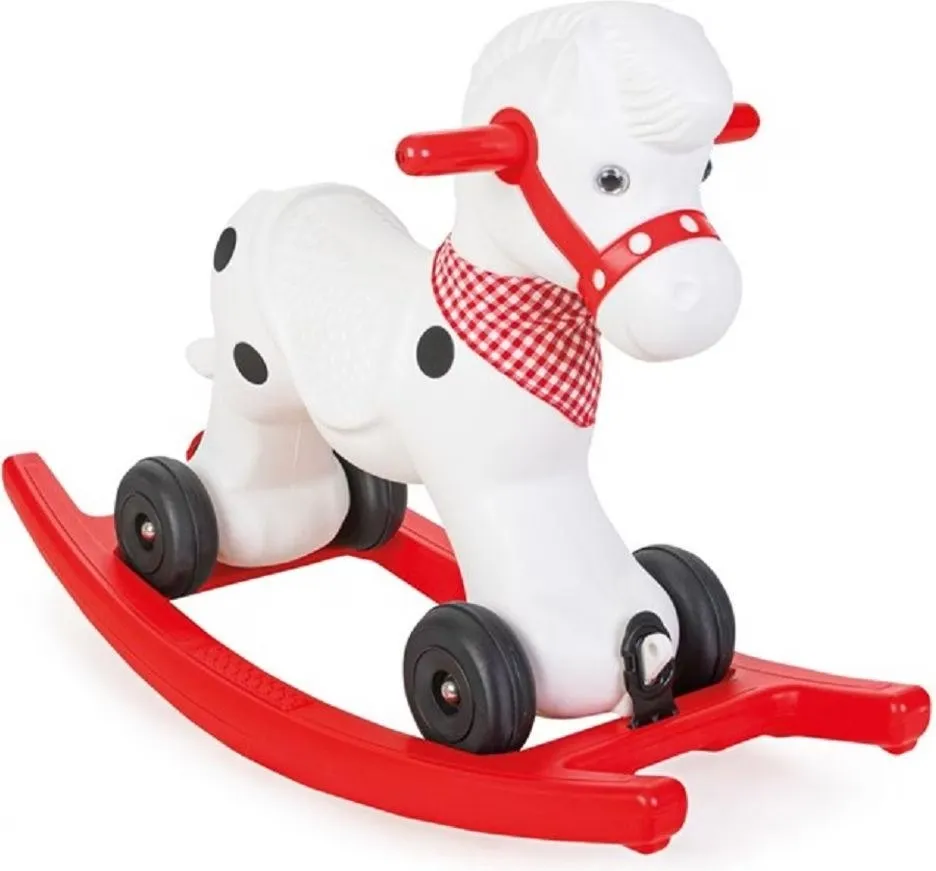Cheval porteur Pilsan Pony Horse blanc roulettes mode trotteur bandana vichy rouge