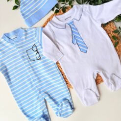 Pack 2 Grenouillères Bébé Coton + Bonnet Assorti – Douceur & Style