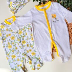 Pack 2 Grenouillères Bébé Coton + Bonnet Assorti – Douceur & Style