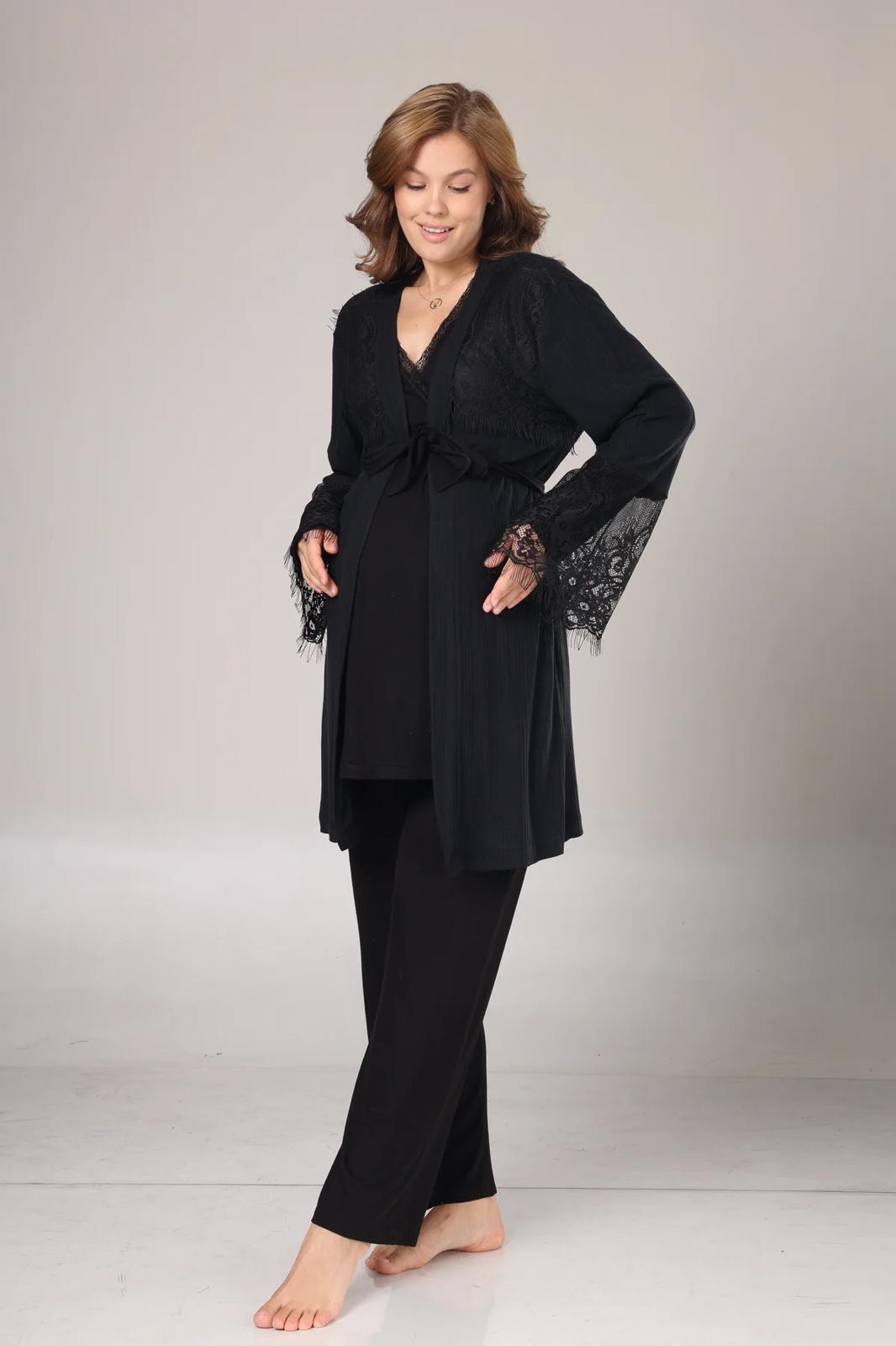 Pyjama dentelle longue avec peignoir noire - grossesse et allaitement