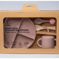 Coffret-Repas-Bébé-en-Silicone-YUMMY-Assiette-Tasse-Deux-Cuillères rose