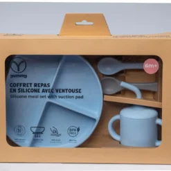 Coffret-Repas-Bébé-en-Silicone-YUMMY-Assiette-Tasse-Deux-Cuillères bleu
