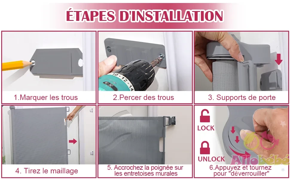 Barrière de Sécurité Rétractable pour bébé 180 × 48cm - Black