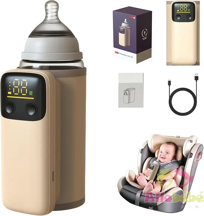 جهاز تسخين زجاجات محمول للسفر، تسخين سريع - سخان زجاجات السفر مع شاشة عرض درجة الحرارة تعمل بالبطارية (الزجاجة غير متضمنة)