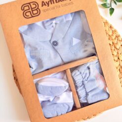 Ensemble Naissance Garçon Lin 4 Pièces avec chaussons bleu - Raffinement & Confort