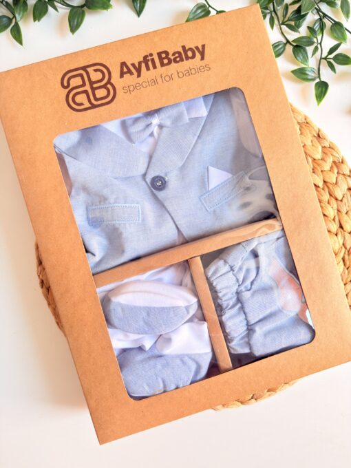 Ensemble Naissance Garçon Lin 4 Pièces avec chaussons bleu - Raffinement & Confort