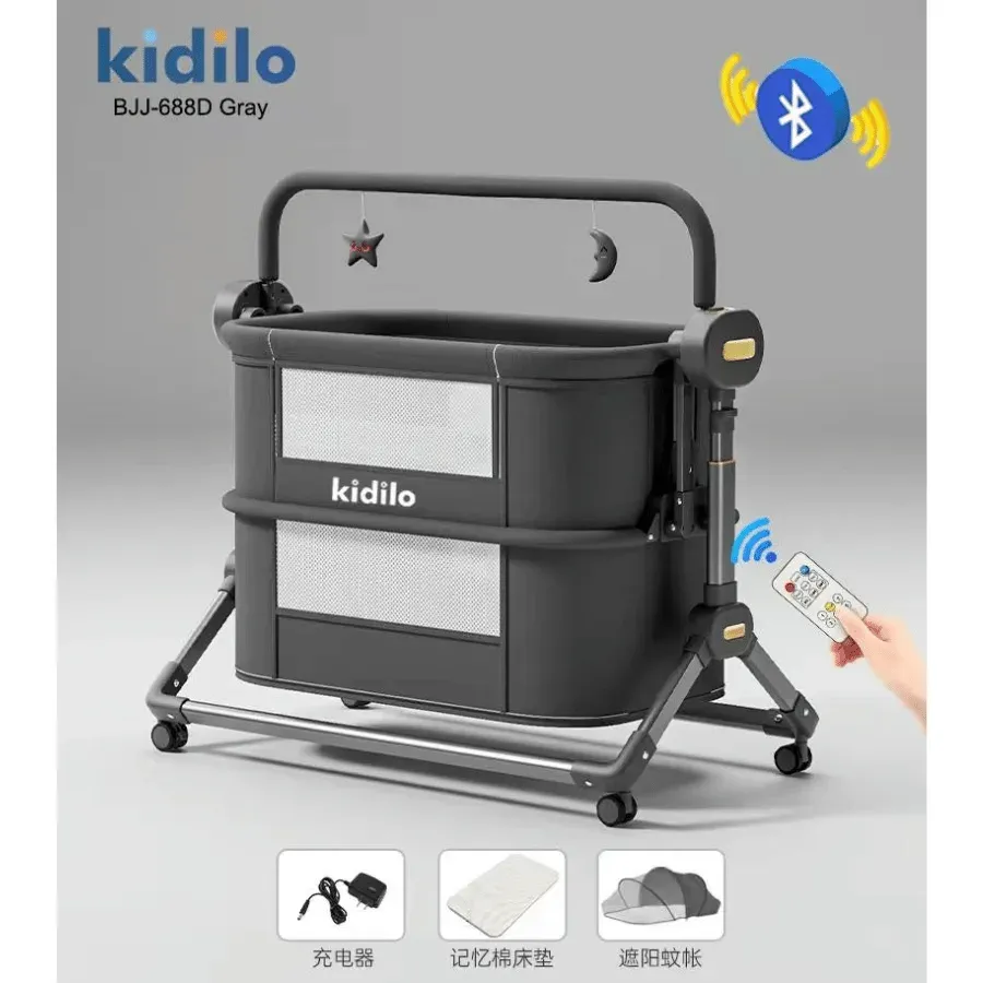 Berceau lit cododo électrique 4en1 Kidilo BJJ-688D Khaki avec mobile musical moustiquaire