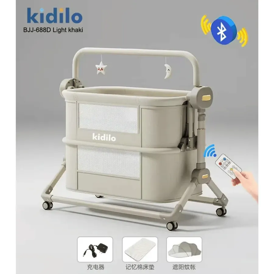 Berceau lit cododo électrique 4en1 Kidilo BJJ-688D Khaki avec mobile musical moustiquaire