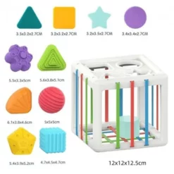 Trieur de cubes éducatifs HE0211 sensoriel 2 en 1 avec ceintures flexibles et élastiques,