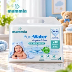 Mammia Pure Water Lingettes Bébé Pack 4x60 – 99,9% Eau Sans Plastique