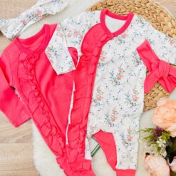 Lot de deux grenouillères bébé fille avec deux bandeaux offerts