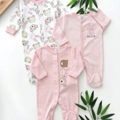 Lot de 3 Grenouillères naissance 100 % Coton – Motif animaux