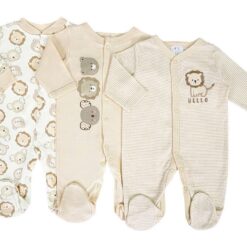 Lot de 3 Grenouillères naissance 100 % Coton – Motif Lion
