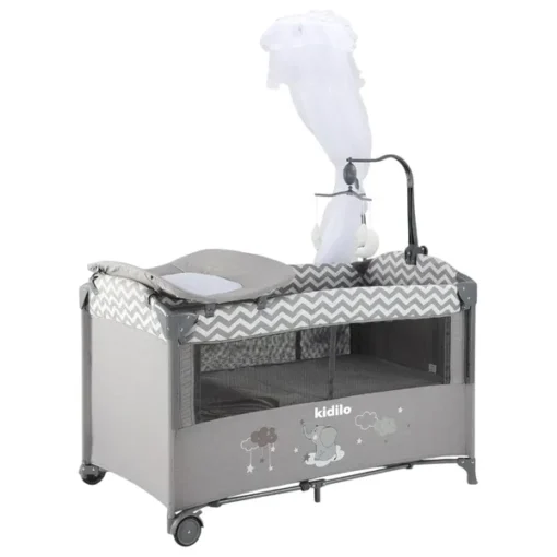 YAZOCO Lit Bébé Cododo 2-en-1 Parapluie – Hauteur Réglable 6 Positions, Matelas Inclus, Moustiquaire & Roulettes (Gris Haut)