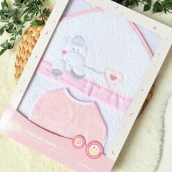 Serviette de Bain (100x100 cm) coton pur en rose + Bavoir Offert - Interbaby