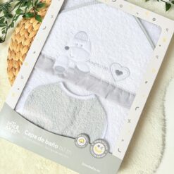 Serviette de Bain (100x100 cm) coton pur en gris + Bavoir Offert - Interbaby