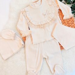 Pack Naissance 5 Pcs 100% Coton beige - Col dentelle