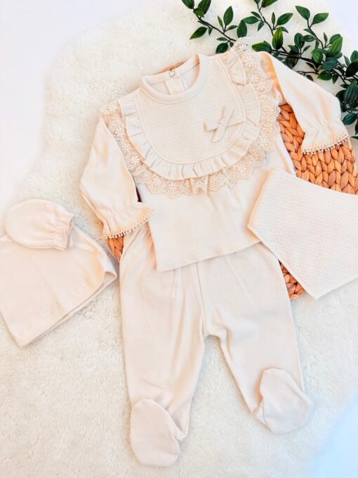 Pack Naissance 5 Pcs 100% Coton beige - Col dentelle