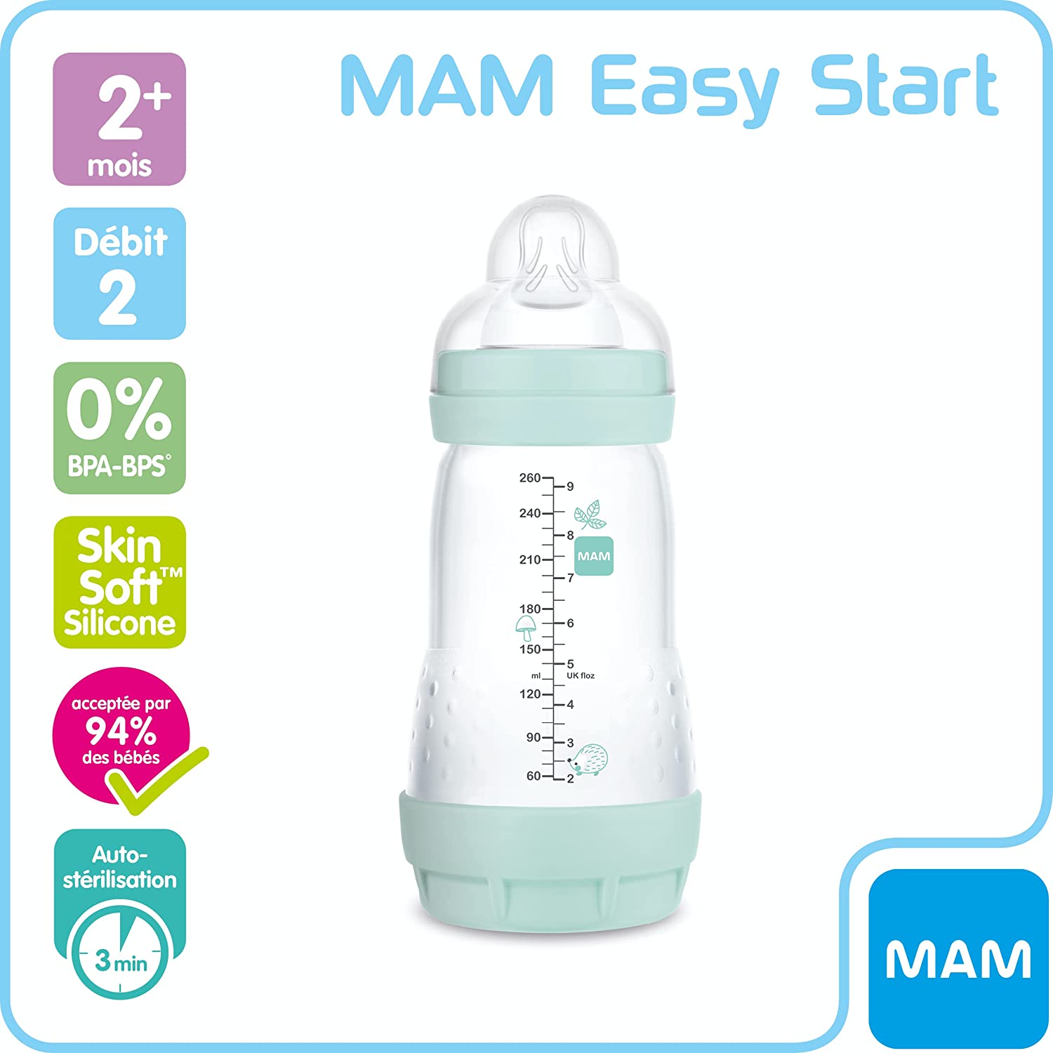 Biberon MAM Easy Start débit rapide tétine plate - Anti colique