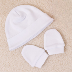 Set de Naissance Bébé Bonnet et Moufles blancs – 100% Coton Doux