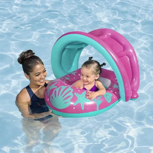 bouee bebe Bestway rose avec pare-soleil