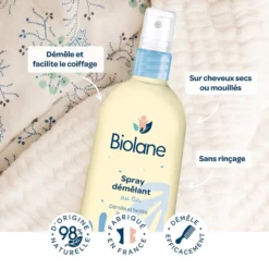 Flacon spray Biolane 200ml enrichi extrait de lin français – démêle sans tirer