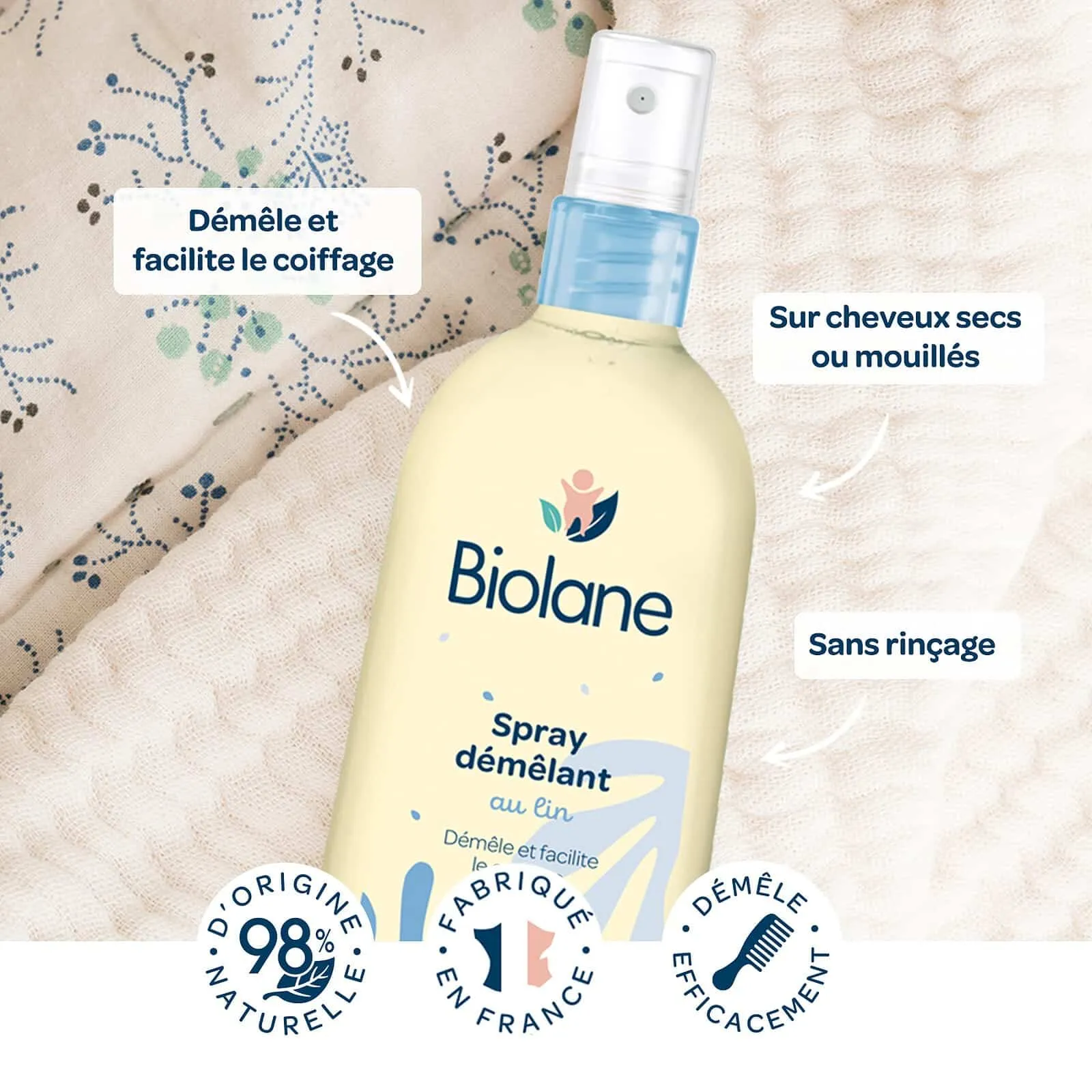 Flacon spray Biolane 200ml enrichi extrait de lin français – démêle sans tirer